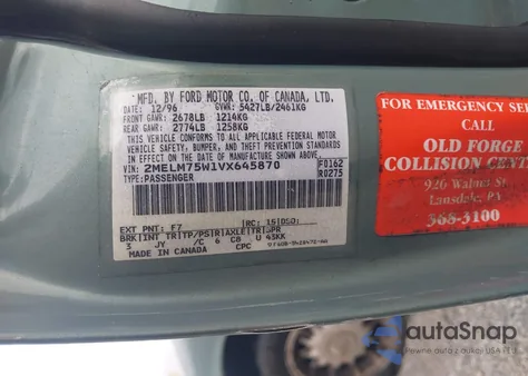 1997 Mercury Grand Marquis Ls из США, поврежденный, VIN 2MELM75W1VX645870